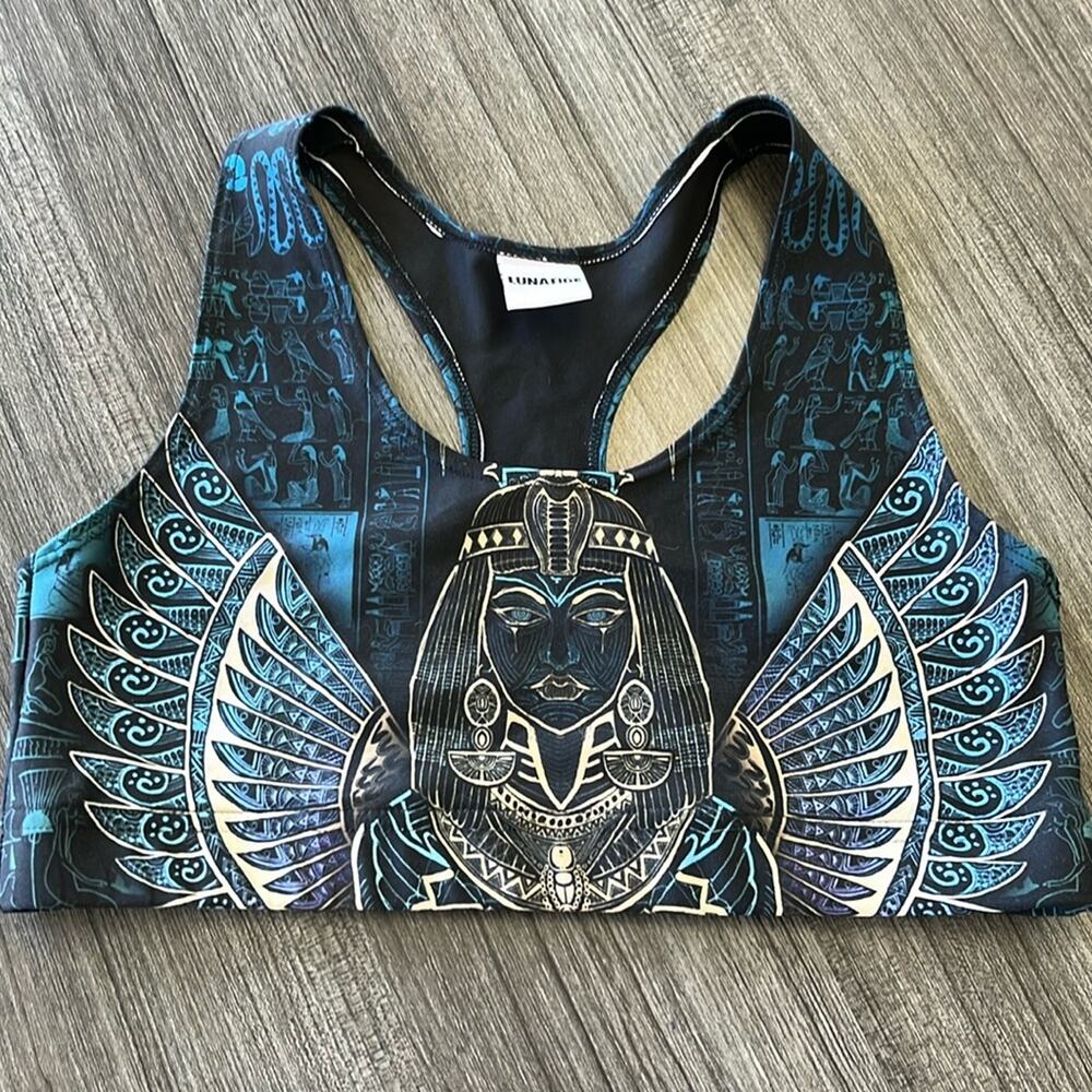 Vibrant Blue Sports Bra with Egyptian Motif